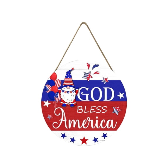 Farmhouse Wall Decor Living Room, Fourth of July Decorations, Round God Bless America Wooden Hanging Sign, Red White and Blue Front Porch Decor Outdoor Patriotic Wall Hanging for