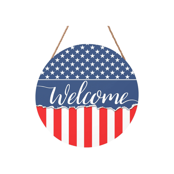 Farmhouse Wall Decor Living Room Red White and Blue Patriotic Hanging Sign Fourth of July Front Porch Decor Round Welcome Door Hanger Outdoor Indoor Decoration