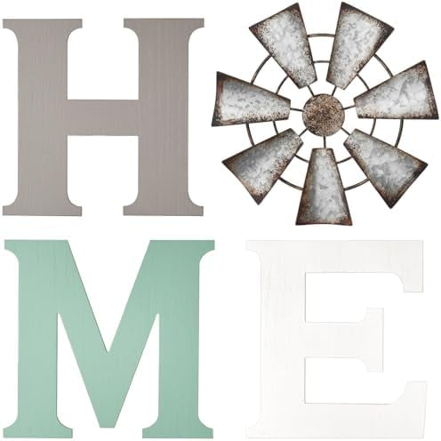 Farmhouse Wall Decor Wooden Home Sign with Metal Windmill for O Rustic Hanging Letters Decorative Wall Art Decor Signs for Living Room Kitchen Bedroom Entryway House