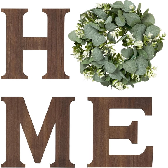 Farmhouse Wall Home Sign with Artificial Eucalyptus for O Rustic Wooden Hanging Letters Decorative Wall Art Decor for Living Room Kitchen Entryway Housewarming Gift, Brown