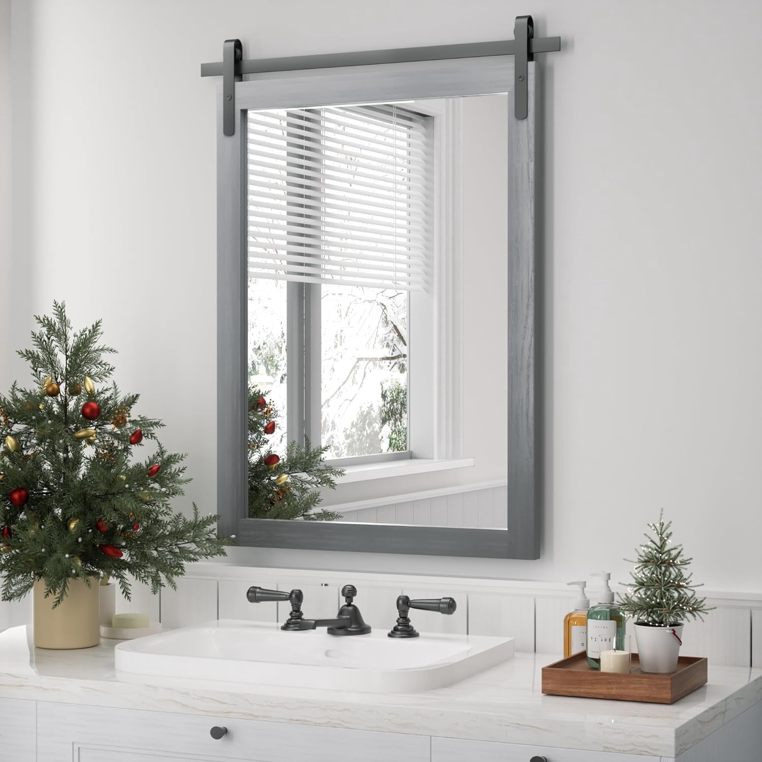 Farmhouse Wall Mirror, Rustic Wood Frame Bathroom Mirror Barn Door Inspired Decorative Vanity ...