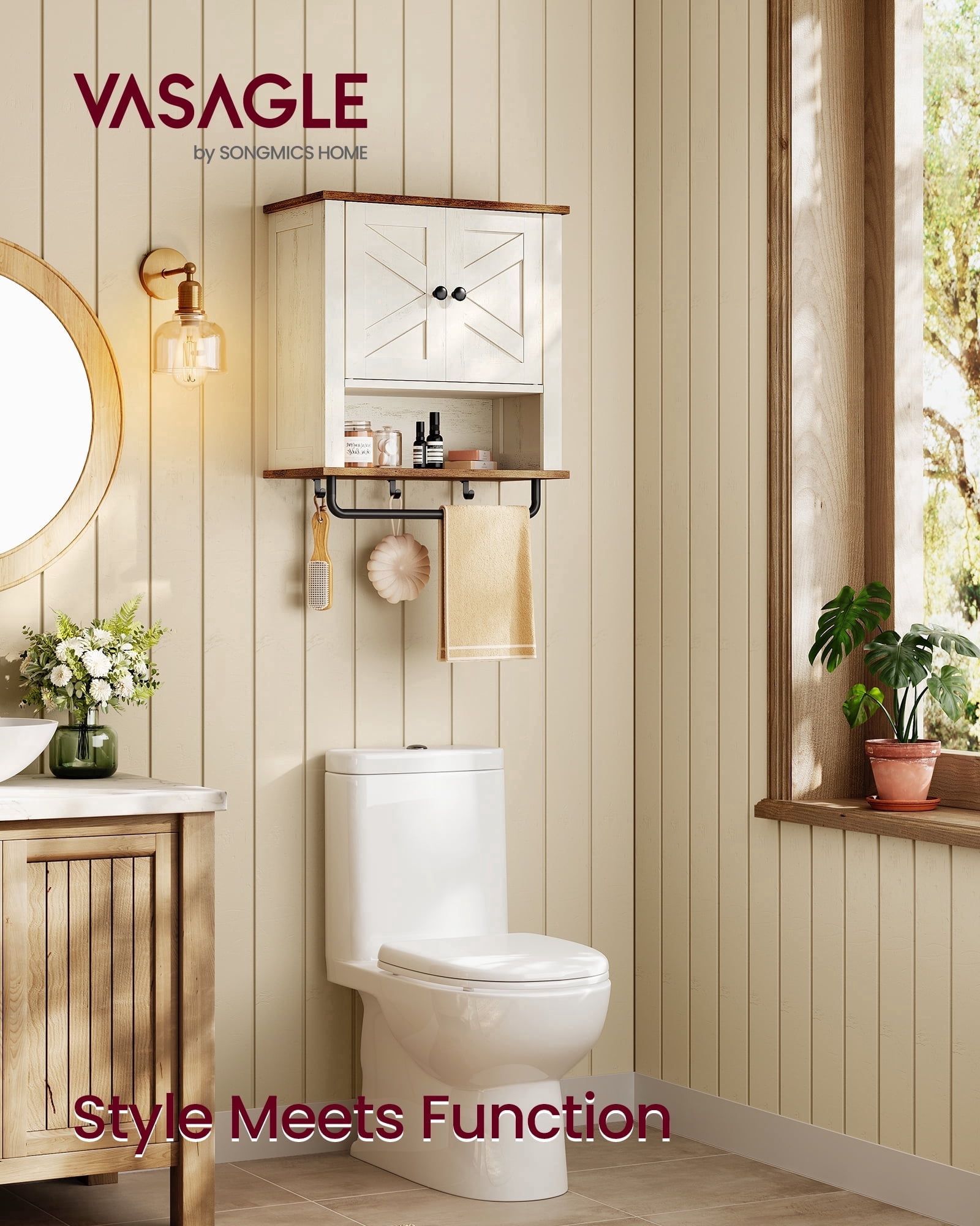 VASAGLE LIRY Collection - Bathroom Wall Cabinet, Farmhouse Wall-Mounted Medicine Storage Cabinet with 2 Barn Doors, Adjustable Shelf, Towel Bar, 7.9 x 18.1 x 24 Inches, Rustic White