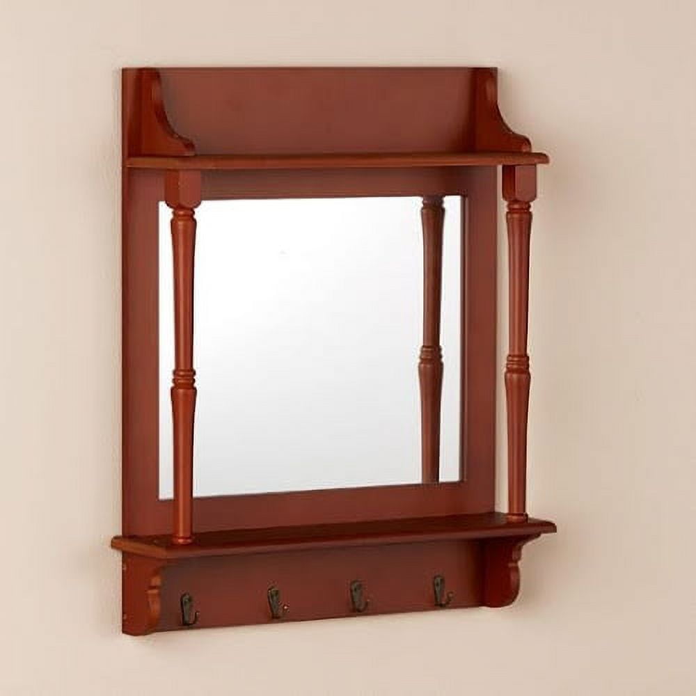 Farmhouse Wall Organizer Mirror with Hooks and 2 ShelvesWalnut