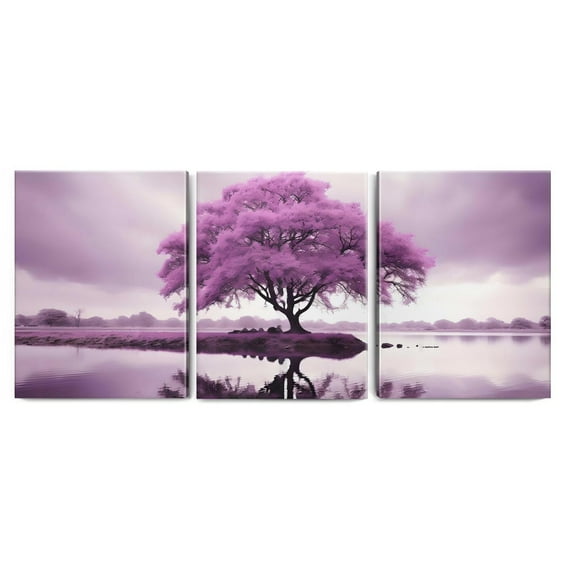 Farmhouse Wall Pictures Aurora Purple Tree Scenery Wall Art Canvas Prints for Living Room Family Love Art Poster Home Decor Picture Wall Decor for Dining Room Framed Painting 12"x16" 3PCS