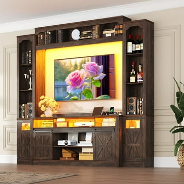 Farmhouse Wall Unit TV Stand with Storage for TVs up to 75", Large Entertainment Center with Bookshelves, LED Light & Power Outlet for Living Room