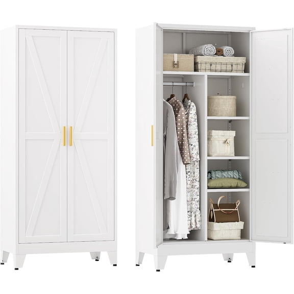 Farmhouse Wardrobe Cabinet,Metal Wardrobe Closet with Hanging Rod,Metal Armoire with Adjustable Shelves for Bedroom, Cloak Room,Office (White)