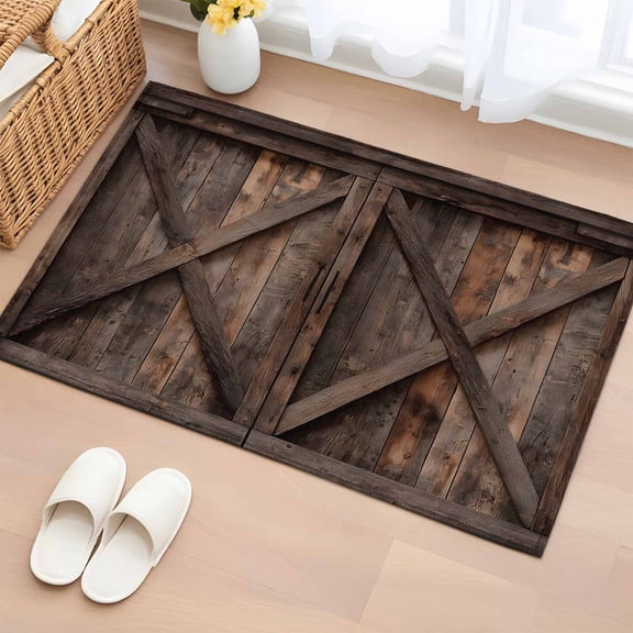 Farmhouse Washable Area Rug 2 x 3 ft Brown Country Style Barn Door Distressed Wood Grain, Soft Non Slip Rugs Stain Repellent Indoor Felt Carpet for Living Dining Room Bedroom Home Office