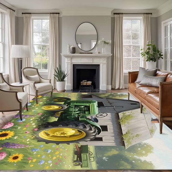 Farmhouse Washable Area Rug 5 x 8 ft Spring Flowers Watercolor Green Truck Vintage Barn, Soft Non Slip Rugs Stain Repellent Indoor Felt Carpet for Living Dining Room Bedroom Home Office