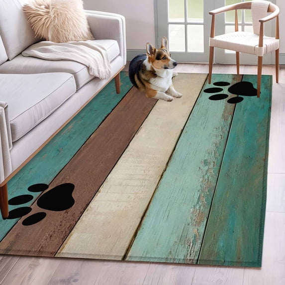 Farmhouse Washable Area Rugs 2.7'x5', Cute Animal Claws Vintage Green Brown Wood Grain Low Pile Throw Living Room Rug Non-Slip Sturdy Edge Binding Carpet for Indoor Entryway Bedside Kitchen