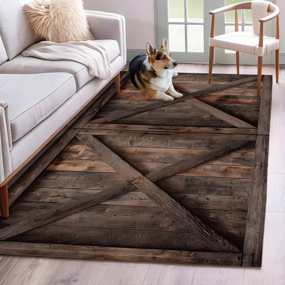 Farmhouse Washable Area Rugs 4'x6', Brown Country Style Barn Door Distressed Wood Grain Low Pile Throw Living Room Rug Non-Slip Sturdy Edge Binding Carpet for Indoor Entryway Bedside Kitchen