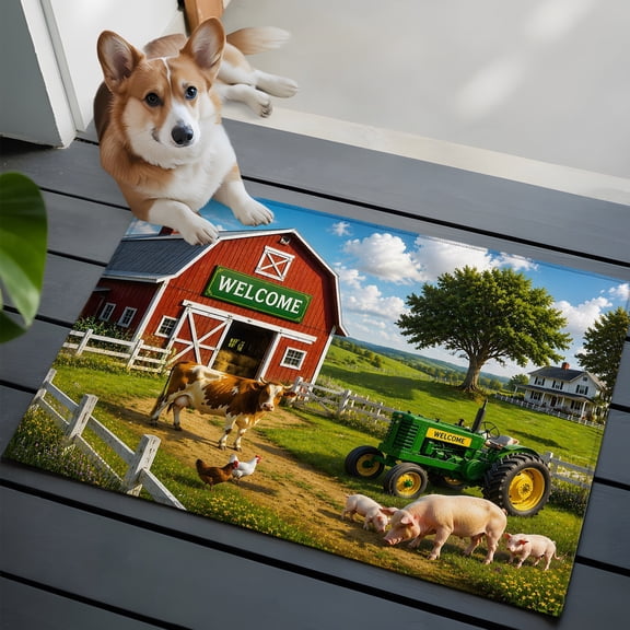 Farmhouse Washable Entry Rug 2x3 Rustic Red Barn Animal Tractor Cow Rural Fence Low Pile Indoor Door Mat with Rubber Backing Thin Area Rug for for Entrance, Bedroom, Kitchen, Laundry, Bathroom