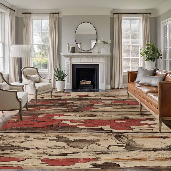 Farmhouse Washable Living Room Rugs 5'x8', Country Rustic Shabby Chic Retro Wooden Texture Low Pile Throw Large Area Rug Non-Slip Sturdy Edge Binding Carpet for Living Room Kitchen Office