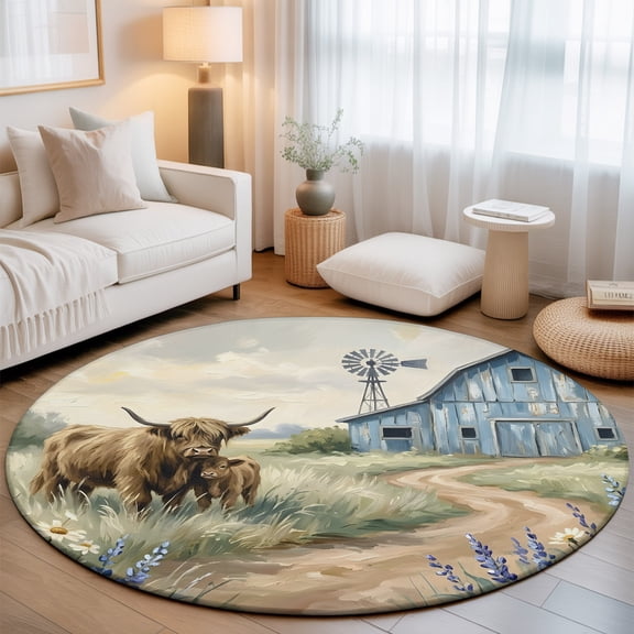 Farmhouse Washable Round Area Rug 3 ft, Cow Barn Windmill Rustic Countryside Soft Non Slip Rugs Stain Repellent Indoor Felt Carpet for Living Dining Room Bedroom Home Office