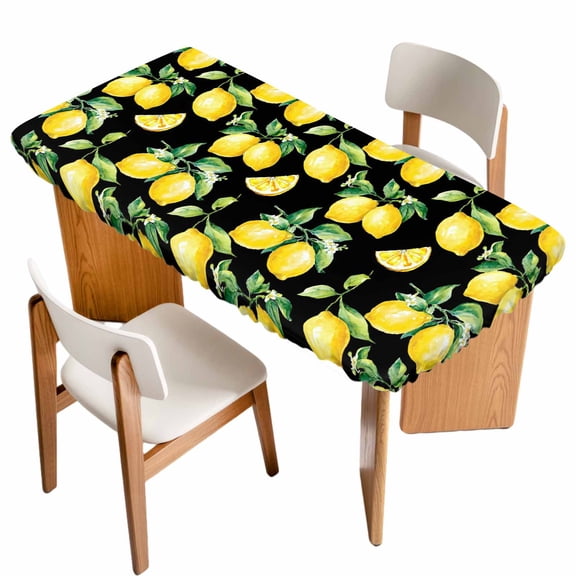 Farmhouse Watercolor Fitted Rectangle Tablecloth 24" x 50" Lemon Fruit Black Background Elastic Table Cloth Fits for 4 Foot Folding Tables Waterproof Table Cover for Picnic Camping Outdoor