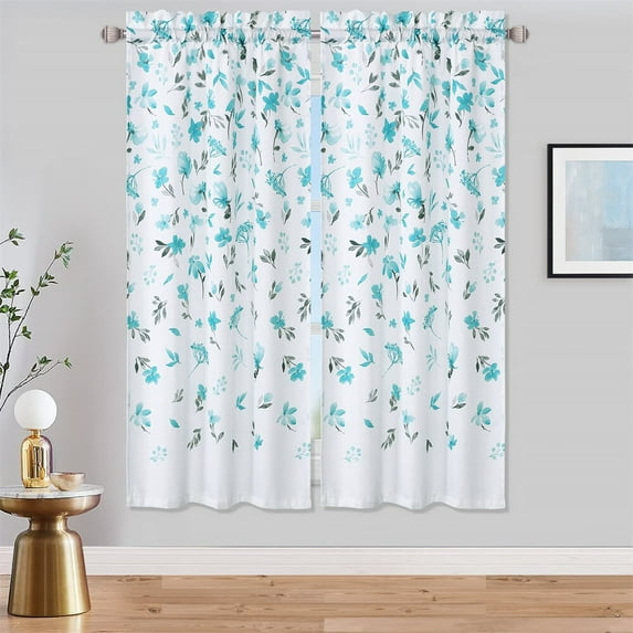 Farmhouse Watercolor Floral Tier Curtain, Rod Pocket Flower Leaf Design Treatment Short Curtain