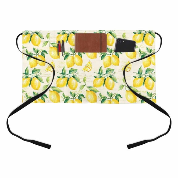 Farmhouse Watercolor Half Waist Apron Lemon Fruit Beige Letter Background Short Waiter Aprons with 3 Pockets for Women Men Kitchen Restaurant Cooking
