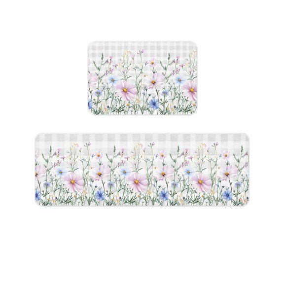 Farmhouse Watercolor Kitchen Mats for Floor 2 Piece, Wildflowers Plants Retro Grey Plaid Absorbent Non-Slip Kitchen Rugs Comfort Standing Mat for Laundry, Hallways 23.6"x35.4"+23.6"x70.9"