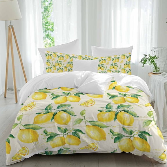 Farmhouse Watercolor Queen Size Comforter Set, Lemon Fruit Beige Letter Background Bedding for All Seasons, 4 Pcs Bed Set, 1Quiltcover (90"x92") ,1Sheet(94"x116"), 2Pillowcases (30"x20")