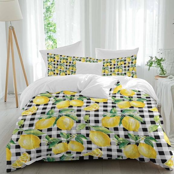 Farmhouse Watercolor Queen Size Comforter Set, Lemon Fruit Black White Buffalo Plaid Bedding for All Seasons, 4 Pcs Bed Set, 1Quiltcover (90"x92") ,1Sheet(94"x116"), 2Pillowcases (30"x20")
