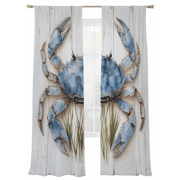 Farmhouse Watercolor Sheer Curtains 84 Inch Long 2 Panels, Crab Ocean Marine Life Wood Grain Light Filtering Rod Pocket Curtains, Sheer Voile Drapes for Living Room Bedroom, 52"x84"