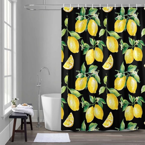 Farmhouse Watercolor Shower Curtain for Bathroom Decor, Lemon Fruit Black Background Waterproof Fabric Shower Curtain, 72"x72" Set with 12 Hooks