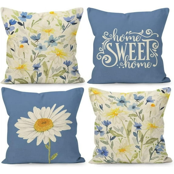 Farmhouse Watercolor Summer Flower Daisy Floral Blue Linen Throw Pillow Covers 18 x 18 Inch Set of 4, Daisy Lover Gift for Home Room Bed Sofa Decorations Decor