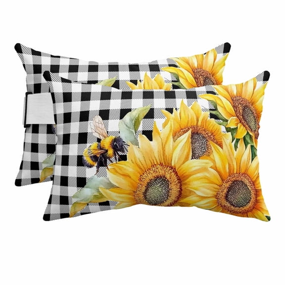 Farmhouse Watercolor Sunflower Bee Outdoor Pillow for Chaise Lounge Chair,Head Resting&nbsp;Pillow with Insert, Black White Buffalo Plaid Waterproof Lumbar Pillows for Patio,11"x16" 2 Pack