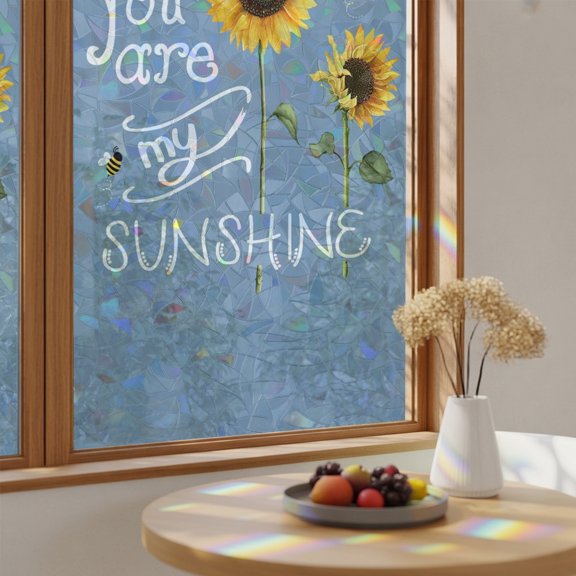 Farmhouse Watercolor Sunflower with You Are My Sunshine Window Privacy Film,Heat Control Sun Blocking Static Cling Rainbow Film,Blue Non-Adhesive Glass Sticker Door Window Tint,17.7" x 39.3"