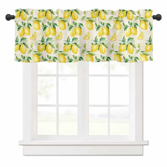 Farmhouse Watercolor Valances for Windows Lemon Fruit Beige Letter Background Rod Pocket Curtain Valance Window Treatment Short Curtains for Kitchen Living Room, 42"x12"