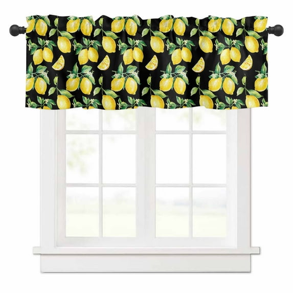 Farmhouse Watercolor Valances for Windows Lemon Fruit Black Background Rod Pocket Curtain Valance Window Treatment Short Curtains for Kitchen Living Room, 60"x18"
