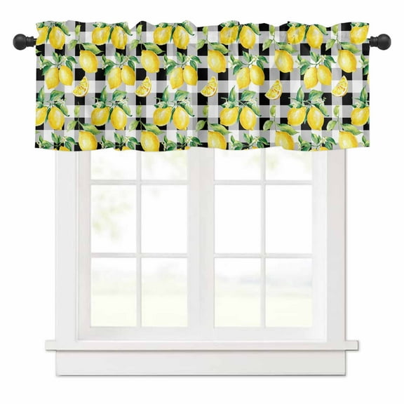 Farmhouse Watercolor Valances for Windows Lemon Fruit Black White Buffalo Plaid Rod Pocket Curtain Valance Window Treatment Short Curtains for Kitchen Living Room, 60"x18"