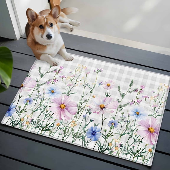 Farmhouse Watercolor Washable Area Rug 2x3 111 Wildflowers Plants Retro Grey Plaid Low-Profile Area Rugs with Non Slip Backing Indoor Floor Carpet for Entrance Living Room Bedroom Home Office