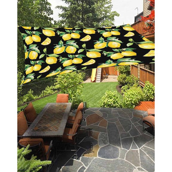 Farmhouse Watercolor Waterproof Sun Shade Sail Lemon Fruit Black Background Outdoor Patio Sun Shades Canopy UV Block Waterproof Sunshade for Garden Backyard Deck Pergola 12x16 Ft