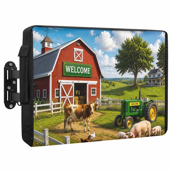 Farmhouse Waterproof Outdoor TV Cover, Rustic Red Barn Animal Tractor Cow Rural Fence Outside Weatherproof TV Enclosures for 40 to 43 Inch LCD Television Shield Flat Screen Protectors
