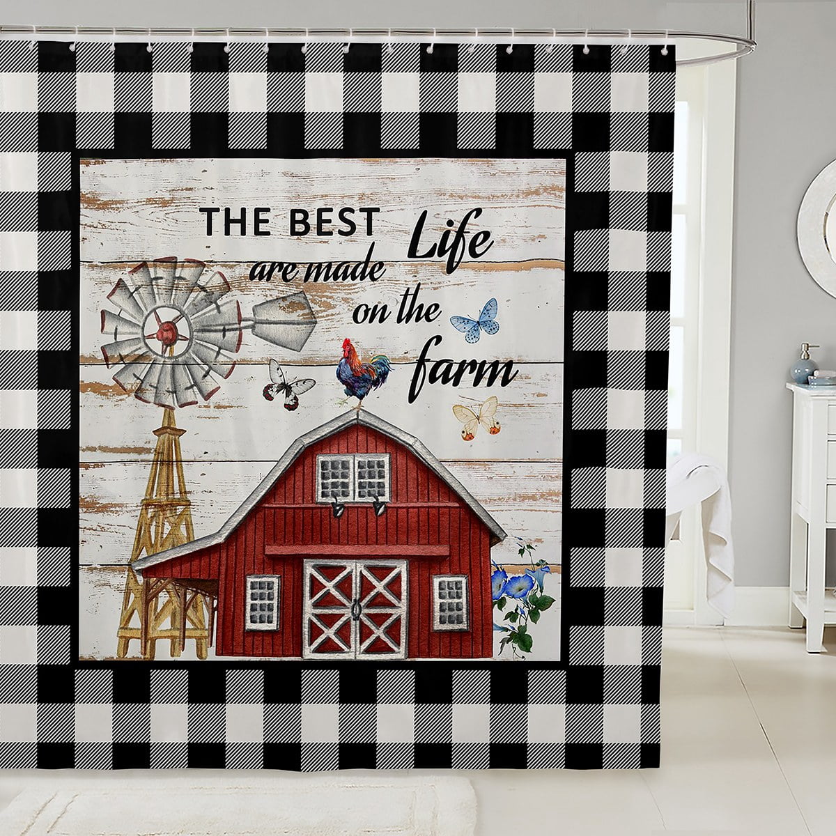 Rustic Windmill Farmhouse Shower Curtain - Farm Animals & Sunflower Design, 47x70 Inches, Polyester With Hooks