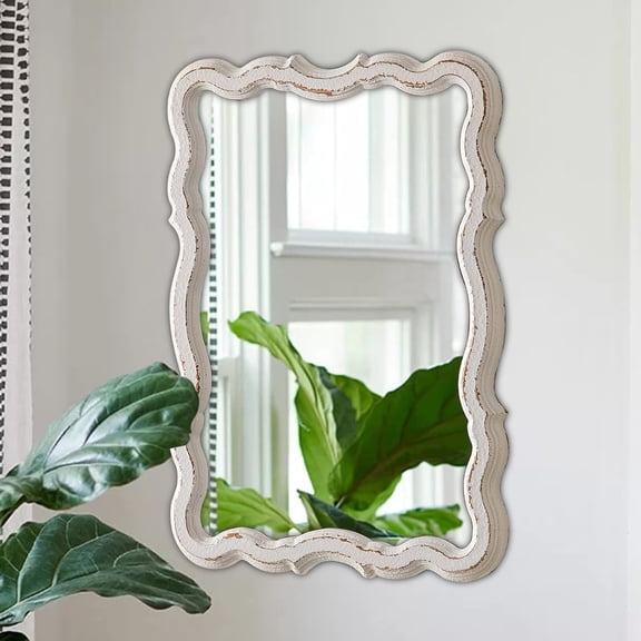 Farmhouse Wavy Wall Mirror 13" X 18", Hanging Distressed White Rectangle Bathroom Mirror, Wood Frame Scalloped Mirror, Rustic Wall-Mounted Entryway Mirrors, Horizontal or Vertical