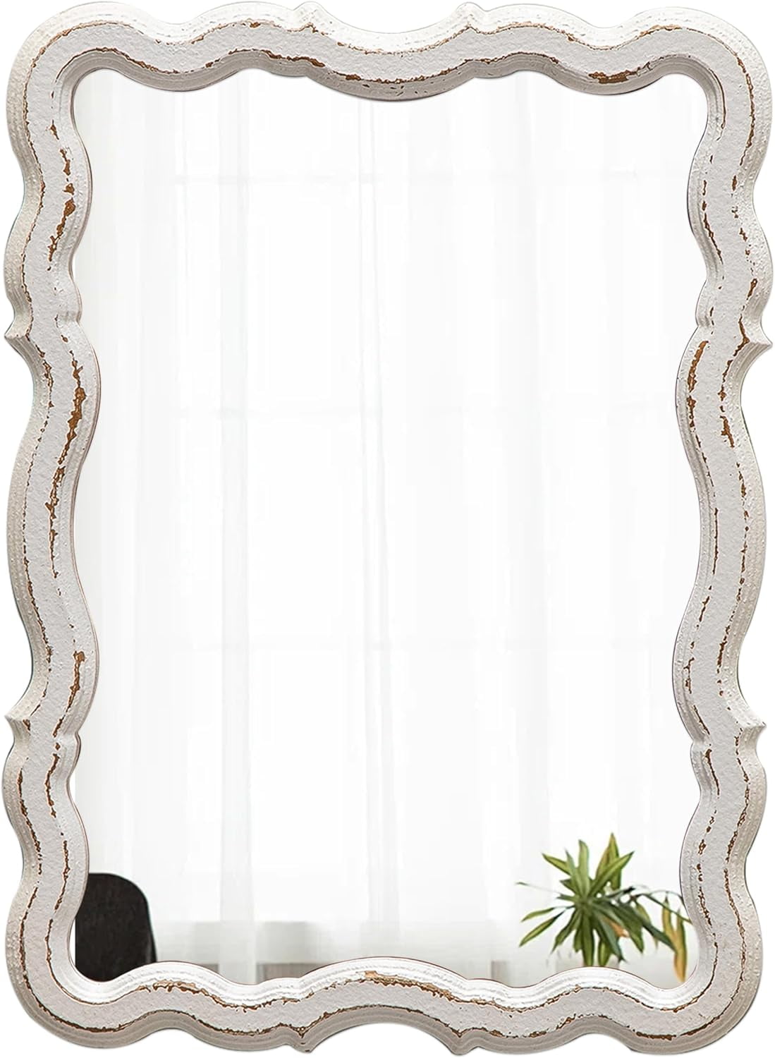 Farmhouse Wavy Wall Mirror 13 X 18 Inches, Hanging Distressed White