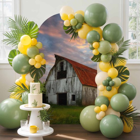 Farmhouse Weathered Barn Arch Backdrop Cover, 4FT, Sunset Rustic Rural Spandex Arch Covers Double-Sided Backdrop for Wedding Birthday Party Photo Background Decoration
