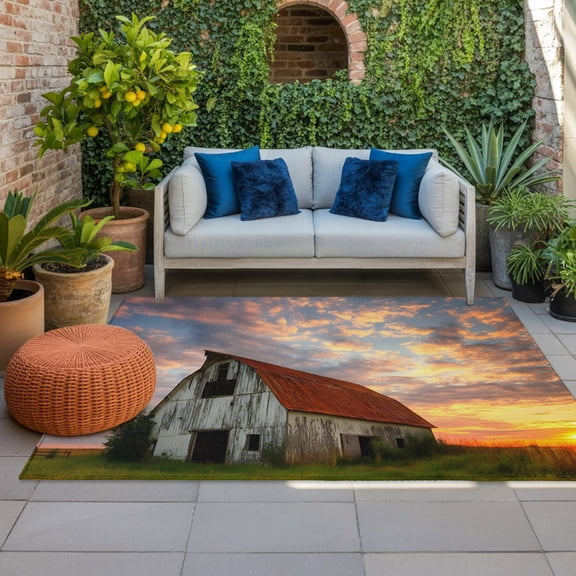 Farmhouse Weathered Barn Indoor Outdoor Rugs 4x6 Ft, Sunset Rustic Rural Outdoor Patio Rugs Mat Washable Outside Area Rugs Carpet for Porch Deck RV Camping Pool Balcony Backyard
