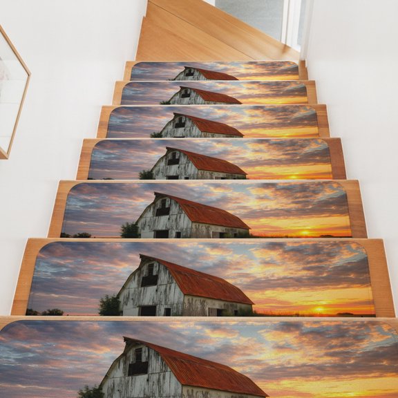 Farmhouse Weathered Barn Stair Treads Non Slip for Steps Sunset Rustic Rural 15 Pcs Reusable Adhesive Stair Runner Mats for Dogs Elders Carpet Treads Rugs for Staircase 8x30 In