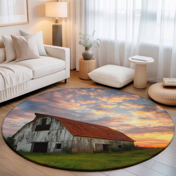 Farmhouse Weathered Barn Washable Round Area Rug 5 ft, Sunset Rustic Rural, Soft Non Slip Rugs Stain Repellent Indoor Felt Carpet for Living Dining Room Bedroom Home Office