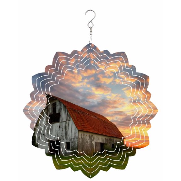 Farmhouse Weathered Barn Wind Spinner for Garden Yard 8In, Sunset Rustic Rural 3D Stainless Steel Kinetic Hanging Wind Spinners Rustproof Outdoor Decor for Lawn Patio Home