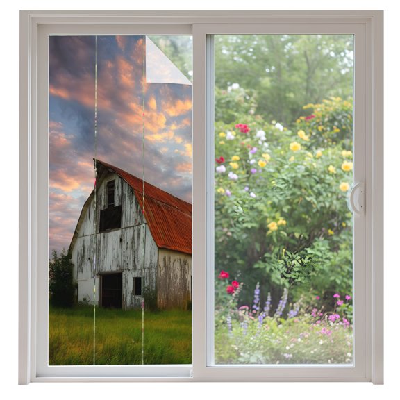 Farmhouse Weathered Barn Window Privacy Film Sunset Rustic Rural Decorative Glass Window Film UV Blocking Static Cling Non-Adhesive Sticker Covering for Home Door 35.4x78.7 inches