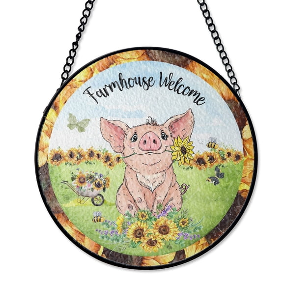 Farmhouse Welcome Cute Pig Stained Glass Style Suncatcher, UV Printed Glass, Rustic Barn Animal Home Decor, Round