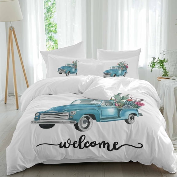 Farmhouse Welcome Full Size Comforter Set, Summer Car with Cactus Succulents Country Bedding for All Seasons, 4 Pcs Bed Set, 1Quiltcover (86"x86") ,1Sheet(80"x116"), 2Pillowcases (30"x20")
