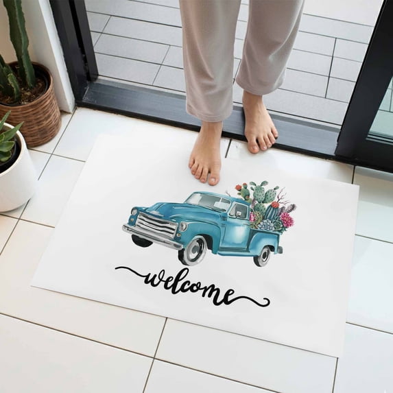 Farmhouse Welcome Indoor Door Mat 18x30 Inch Summer Car with Cactus Succulents Country Front Door Mat Non Slip Washable Entryway Rug Low Profile Dirt Trapper Doormat for Bathroom Kitchen Bedroom