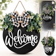 Farmhouse Welcome Sign, 30cm Round Wooden Wreath Wall Decor for Front Door, Porch, Indoor & Outdoor, Housewarming Home Decor Black