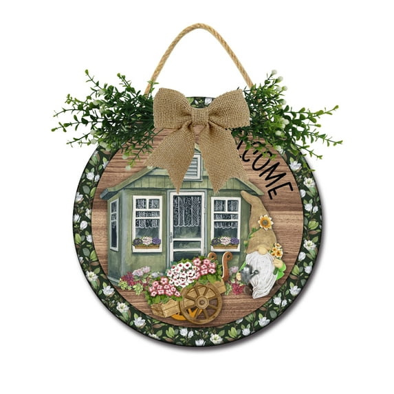 Farmhouse Welcome Sign Front Door Porch Decorations, Round Rustic Wood Hanging Sign for Farmhouse Porch Outdoor Home Holiday Front Door Sign Decor