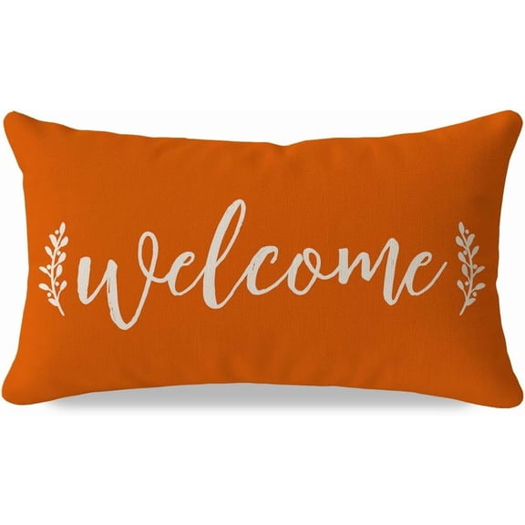 Farmhouse Welcome Throw Pillow Cover 12x20 Inch Orange Outdoor Spring Fall Front Porch Patio Decorations Rustic Lumbar Decorative Cushion Case for Home Living Room Bedroom Couch Bench Decor