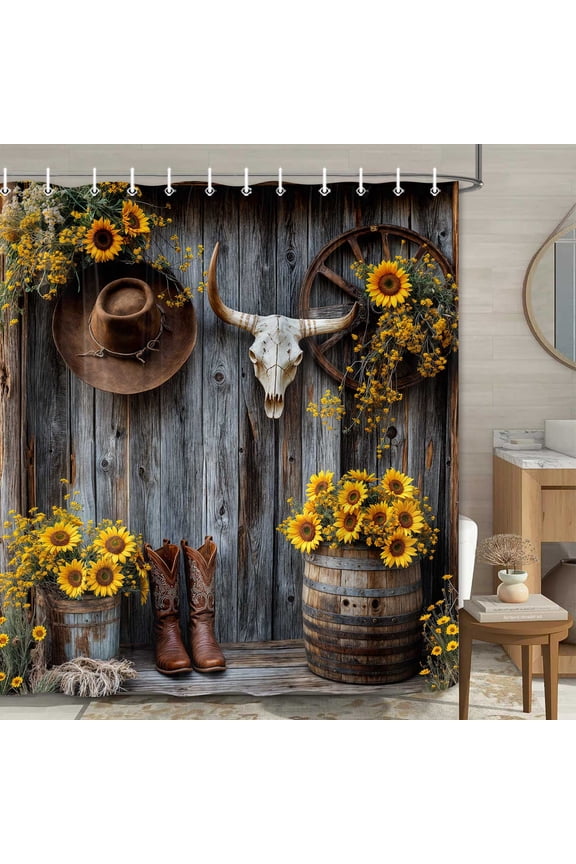 Farmhouse Western Cowboy Shower Curtain, Rustic Barn Door Country Brown Southwest Boots Yellow Floral Bath Curtain, Waterproof Fabric Bathroom Accessories Curtain Decor Set with Hooks 72X72Inch